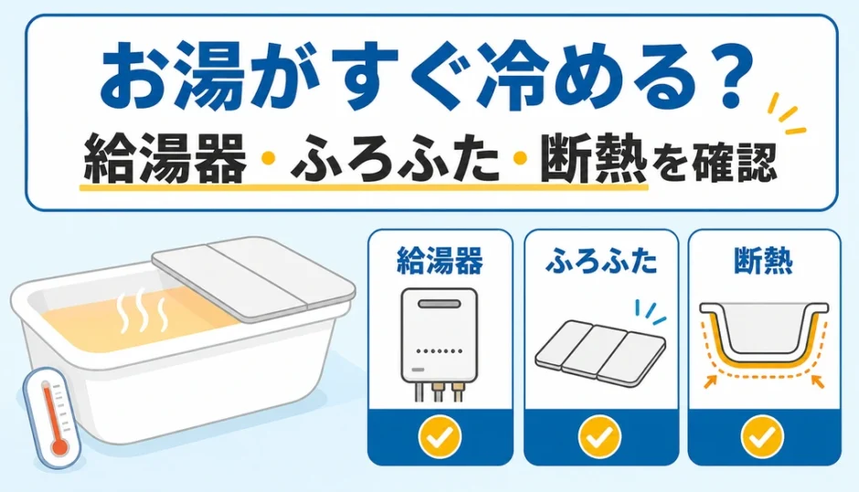 浴槽のお湯がすぐ冷める原因を給湯器・ふろふた・断熱に分けて確認する記事のサムネイル
