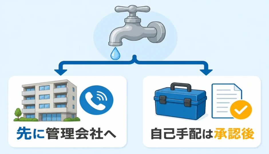 賃貸の水回り修理で管理会社への連絡と自己手配の承認を示すイラスト
