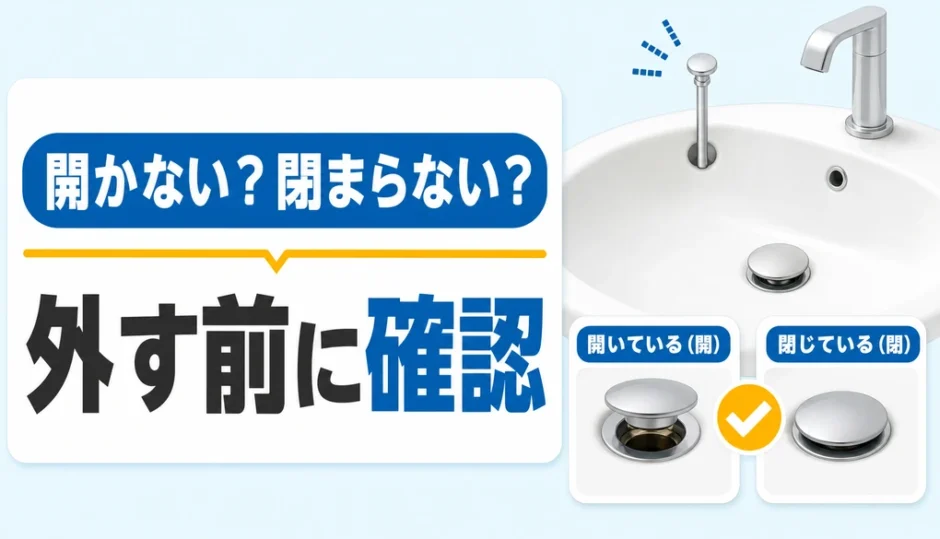 洗面台の排水栓が開かない・閉まらないときに外す前の確認を促す図