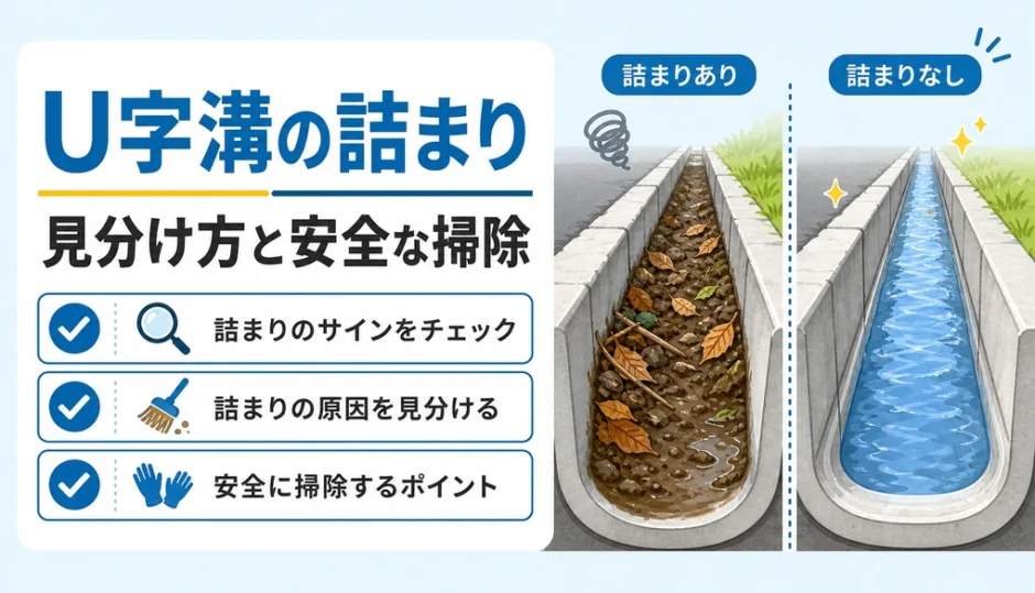 U字溝の詰まりがある状態と水が流れる状態を比較した解説画像