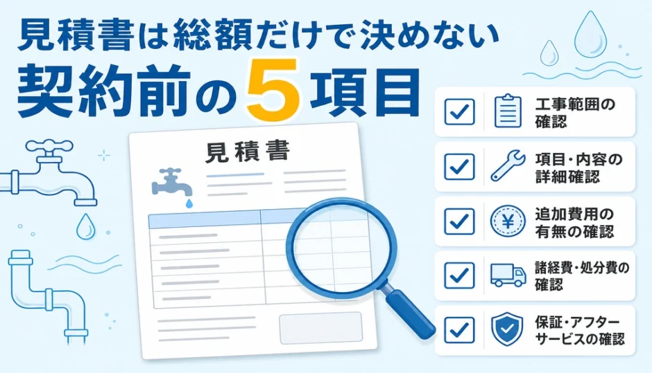 水道工事の見積書を総額だけで決めず契約前に5項目確認するイメージ