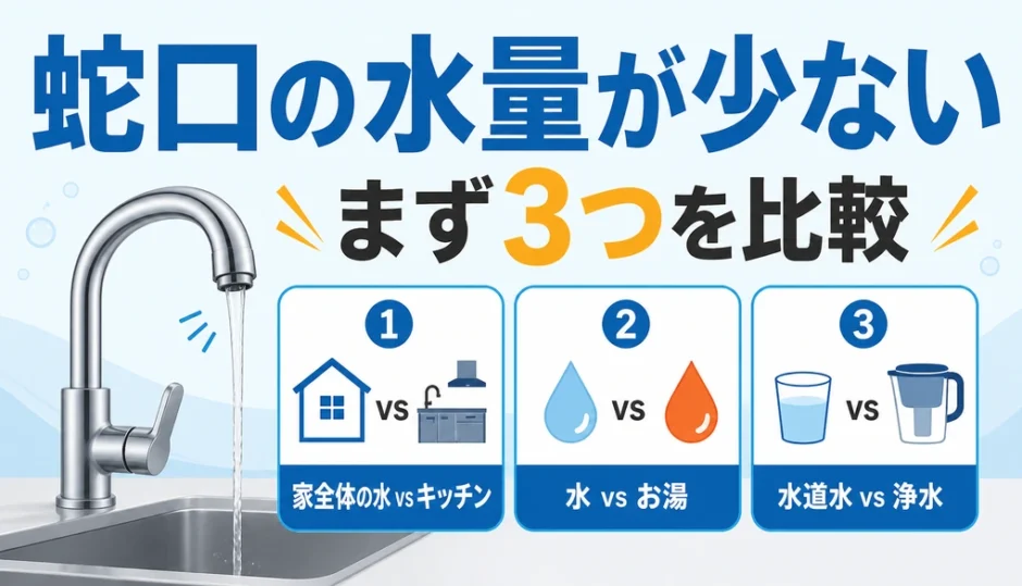 キッチン蛇口の水量が少ないときに3つの比較軸を確認するイラスト