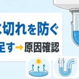 排水トラップの封水切れを防ぎ、水を足して原因を確認することを示す図