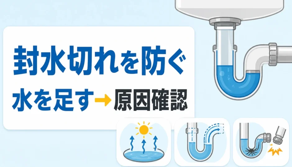 排水トラップの封水切れを防ぎ、水を足して原因を確認することを示す図