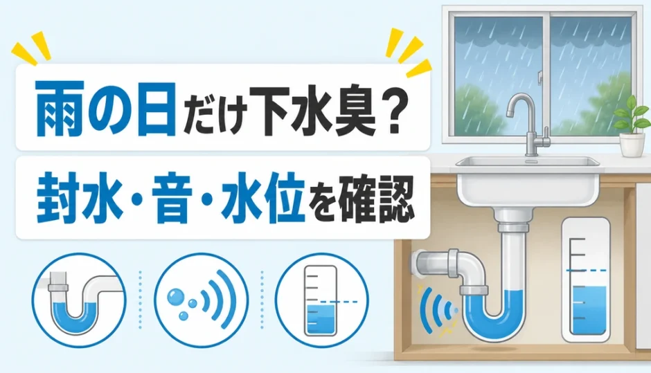 雨の日だけ下水臭がするときに封水・音・水位を確認することを示す図