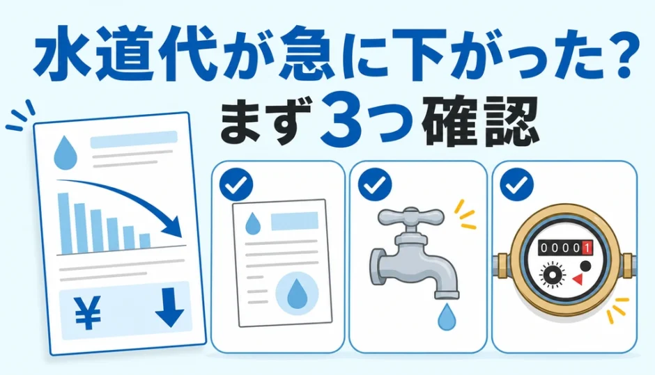水道代が急に下がったときに検針票・蛇口・水道メーターを確認するイメージ