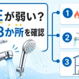 水道の水圧が弱いときに確認する3か所を示す図