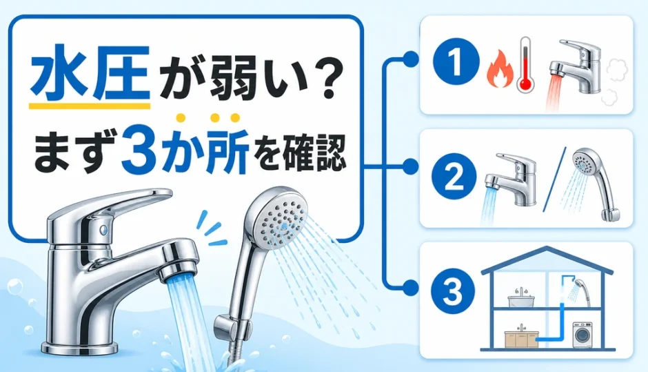 水道の水圧が弱いときに確認する3か所を示す図