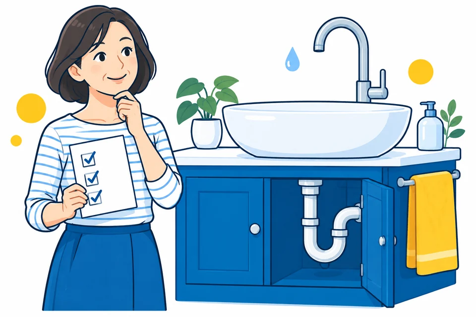 洗面台と排水管のそばで確認項目を整理する人のイラスト