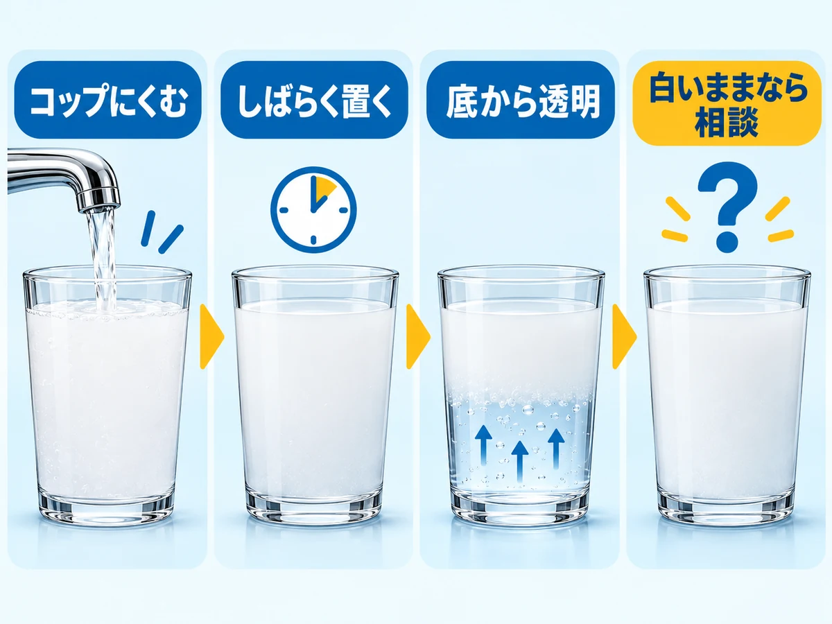 白い水をコップで観察し、透明化と相談を分ける図